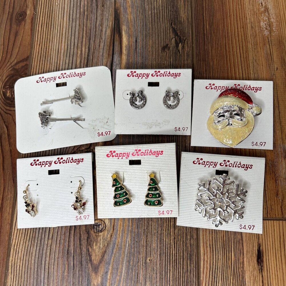 Lot (6) Christmas Brooches Earrings Happy Holidays Brand Costume Jewelry VTG